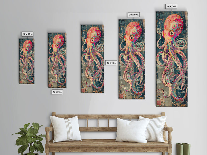 Vibrant Octopus Art in Bold Colors on Tall Vertical Canvas Print Featuring Japanese-Inspired Marine Life Design