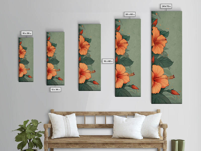 Bright Hibiscus Flowers Ukiyo-e Inspired Art, Framed Canvas Print Ideal for Tall Skinny Spaces, Japanese Floral Design