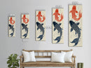 Elegant Koi Fish in Minimalist Japanese Art Style, Tall and Skinny Framed Canvas Print for Ukiyo-e Art Lovers