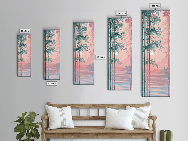 Bamboo Forest, Soft Pink Light, Japanese Art, Skinny Art, Tall Art, Framed Canvas Print, Ukiyo-e Style