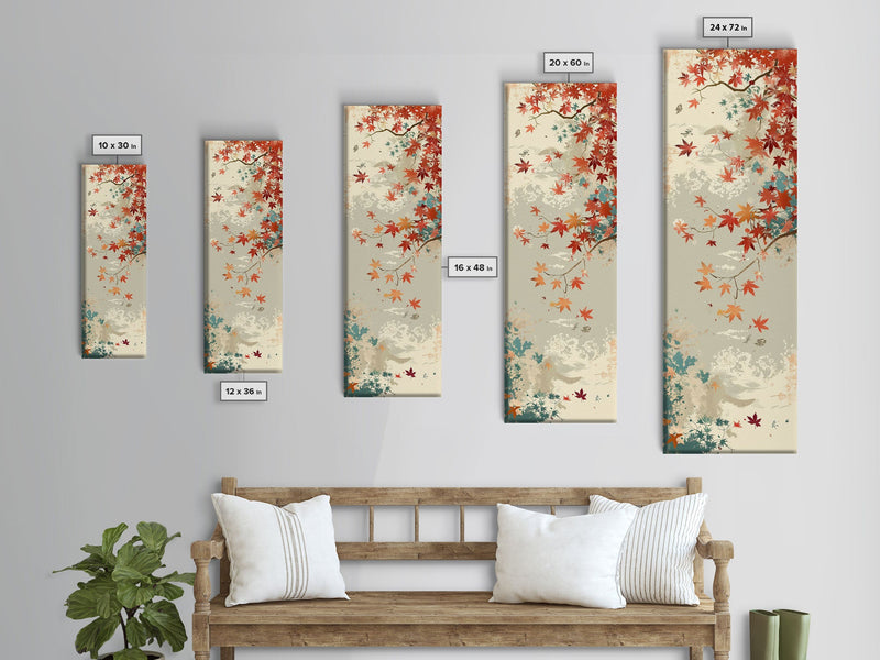 Autumn Maple Leaves in Japanese Garden Ukiyo-e Style Art Skinny Framed Canvas Print with Subtle Color Palette