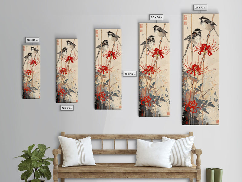 Blossoming Pink Flowers Bold Red Accents Skinny Art Tall Art Framed Canvas Print Japanese Style Art Ukiyo-e Art Wood Block Print Feminine