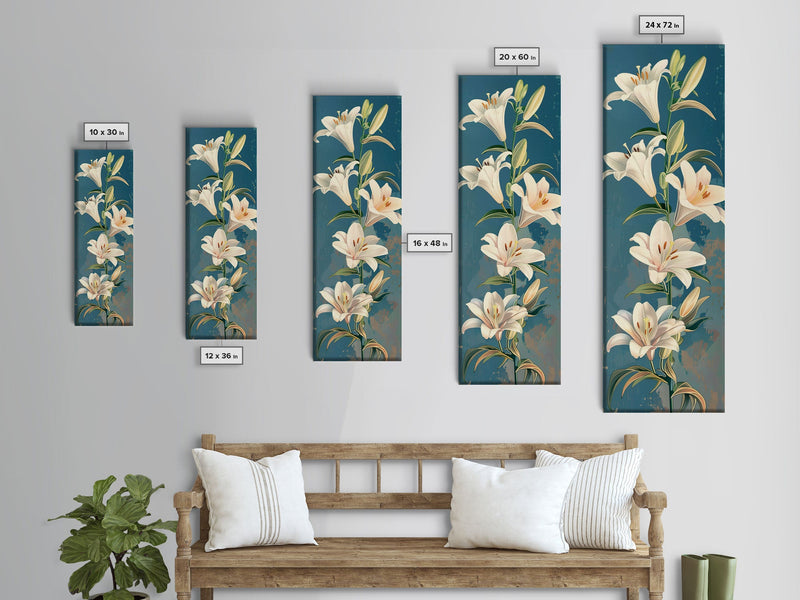 White Lilies On Green Stems Against Faded Blue Background Tall Art Skinny Art Framed Canvas Print Japanese Style Art Ukiyo-e Wood Block Print