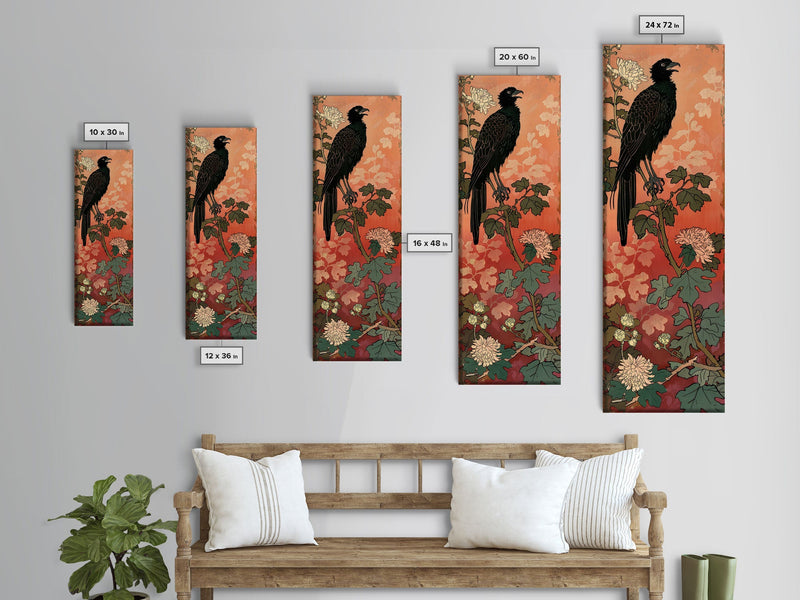 Black Bird On Flowering Branch With Orange Background Tall Art Skinny Art Framed Canvas Print Japanese Style Art Ukiyo-e Wood Block Print