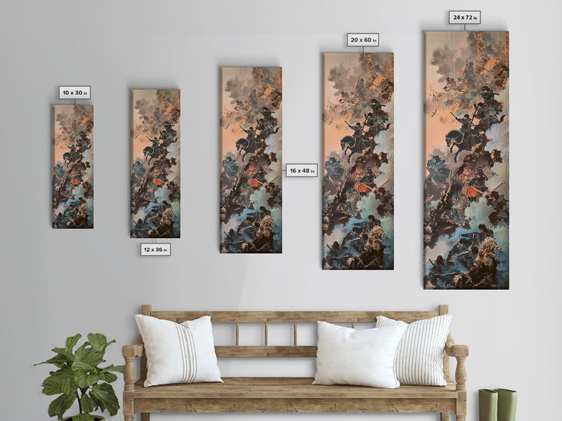 Warriors In A Dynamic Battle Scene With A Dramatic Sky And Fiery Background, Tall Skinny Art Wall Art Framed Canvas Print Japanese Style Art