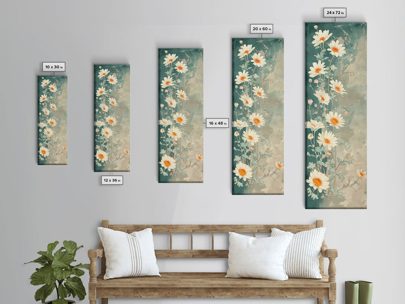 White Daisies With Orange Centers On A Soft Blue-Green Background, Skinny Art Tall Wall Art Framed Canvas Print Japanese Style Art