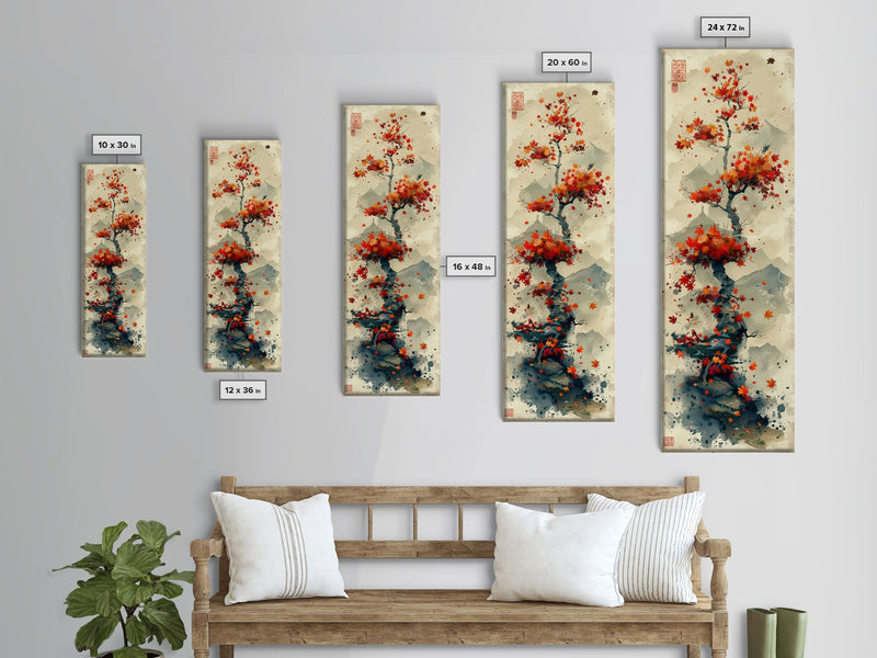 Autumn Bonsai Tree Traditional Japanese Style Nature Art On Framed Canvas Print In Ukiyo-e Art Design Tall Skinny Wood Block Wall Decor