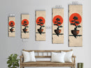 Canvas Print Bonsai Tree Silhouette Against Red Sun, Minimalistic Japanese Style Art For Modern Home, Wall Decoration