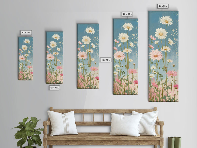 White Daisies Blossoms Japanese Tall Wall Art Blue Background Skinny Framed Canvas Print Ukiyo-e Style