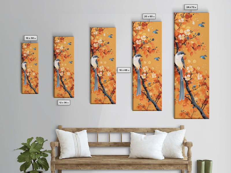 Birds Among Autumn Leaves Japanese Style Tall Wall Art Skinny Framed Canvas Print Woodblock Print