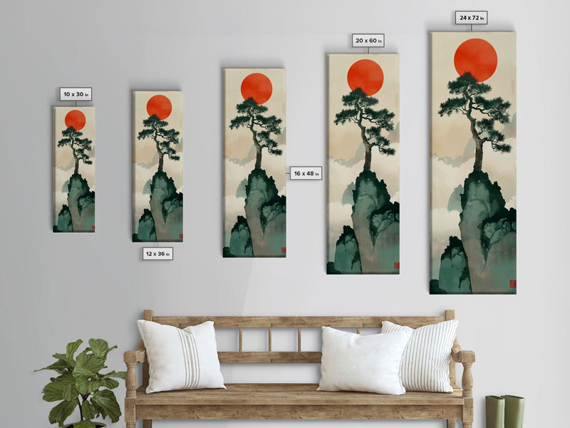 bonsai tree canvas art Bonsai Tree Mountain Red Sun Japanese Tall Wall Art Skinny Framed Canv