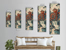 Traditional Japanese Watermill Skinny Wall Art Framed Canvas Print Overlooking Cascading Waterfall in Autumn Colors Japanese Art