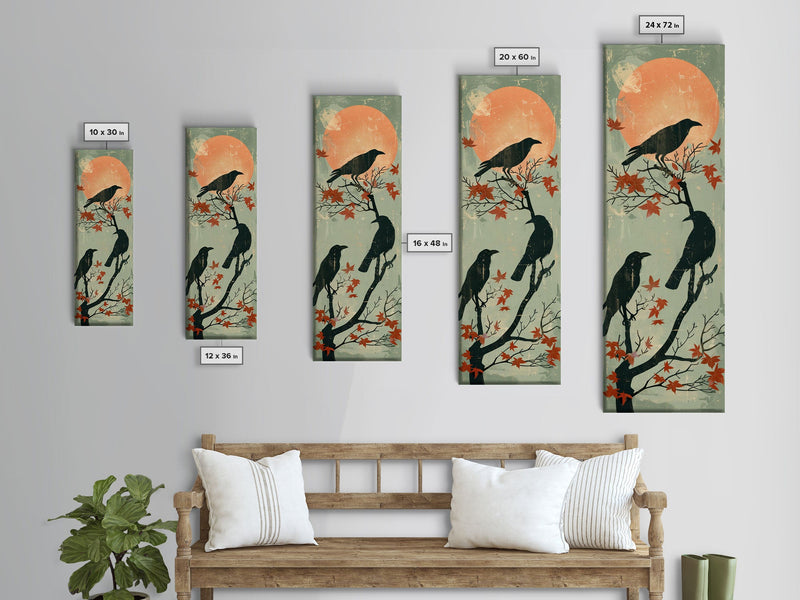 Black Crows Japanese Art Skinny Wall Art Framed Canvas Print on Branches with Red Maple Leaves Against Warm Orange Sun