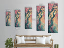 Japanese Garden Tree Skinny Wall Art Framed Canvas Print with Twisting Branches and Pink Blossoms in Warm Sunset Colors