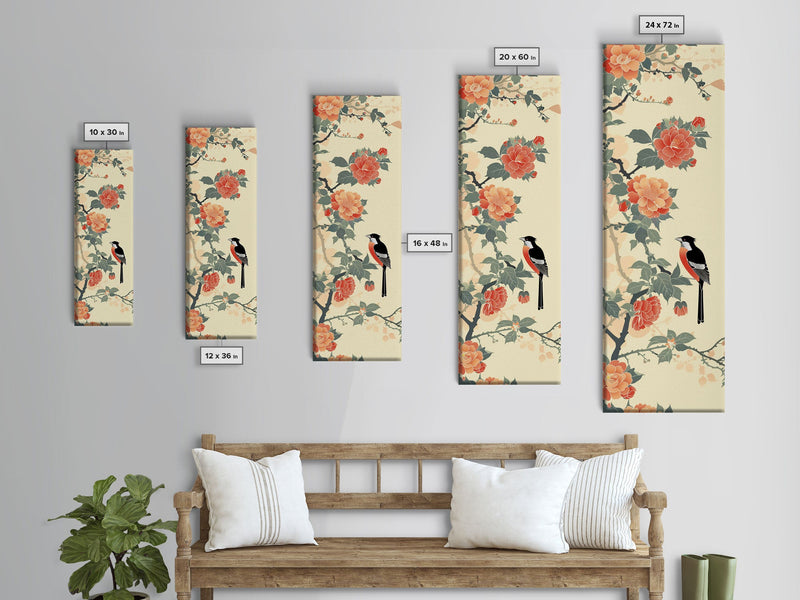 Bird Among Camellia Flowers On Light Background Skinny Art Ukiyo-e Wood Block Print Framed Canvas Print