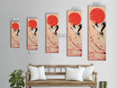 Elegant Crane Bird In Mid-flight Against Bold Red Sun Ukiyo-e Tall Skinny Wood Block Framed Canvas Print Japanese Style Art
