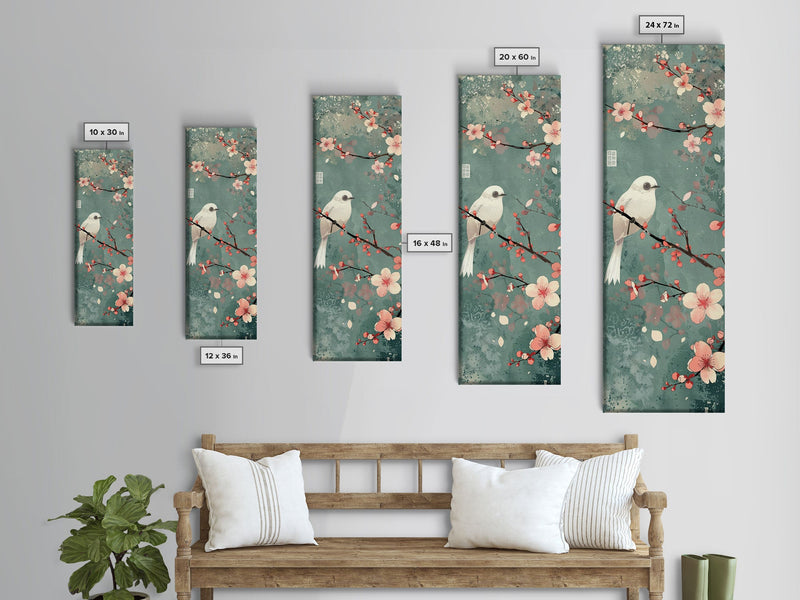 White Bird Perched On A Branch With Blossoms â€“ Framed Canvas Print Combining Skinny Art And Tall Art Inspired By Ukiyo-E Art And Japanese Style Art