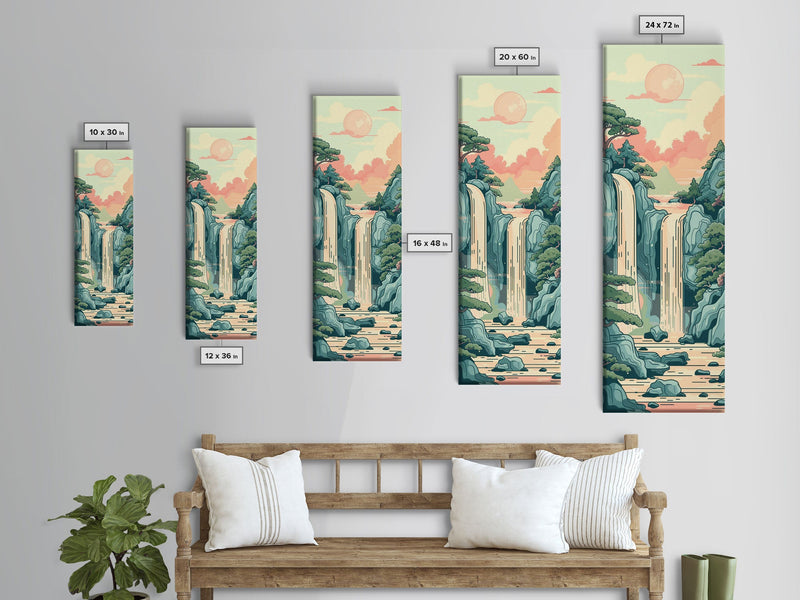 Waterfall With Scenic Landscape - Skinny Art Tall Art Framed Canvas Print Japanese Style Art Ukiyo-e Art