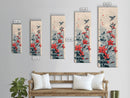 Hummingbird and Red Flowers Skinny Art Tall Art Japanese Ukiyo-e Inspired Nature Framed Canvas Print for Vibrant Interiors