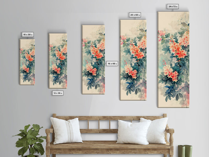 Azalea Blossoms Skinny Art Tall Art Japanese Ukiyo-e Inspired Floral Framed Canvas Print for Elegant and Timeless Decor