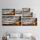 Campfire, forest at dusk painting, smoky mountain art, extra wide art, autumn decor, wabi sabi art, Framed Canvas Print, above couch art