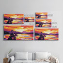 Cowboy on horseback, western silhouette, river sunset, rustic art, moody landscape, extra wide painting, vintage western, framed canvas print