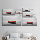 Lone Red Boat, coastal wall art, seascape painting, nautical decor, minimalist art, black and white photography, above couch art, Framed Canvas Print