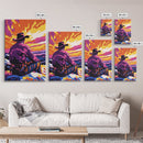 Cowboy at Sunset, western decor, southwest wall art, pink orange wall art, gift idea for him, moody art, panoramic art, Canvas Print