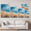 Wheat Field, blue sky, golden harvest, windy landscape, nature wall art, rustic decor, framed canvas print, farmhouse wall art