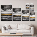 Moody Landscape, dramatic clouds, black and white, gold fields, panoramic art, rustic decor, framed canvas print, extra wide art