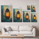 Lantern Glow, moody art, rustic decor, farmhouse art, warm light painting, southwest wall art, wabi sabi art, Framed Canvas Print
