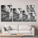 Pier reflection, seascape painting, nautical decor, rustic wall art, black and white photography, extra wide art, framed canvas print