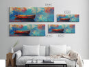Colorful Boat Painting, coastal landscape art, nautical decor, seascape painting, vibrant wall art, framed canvas print, extra wide art