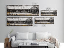 Wagon Wheel, barn landscape oil painting, black and white art, rustic decor, farmhouse art, extra wide art, Framed Canvas Print, moody art
