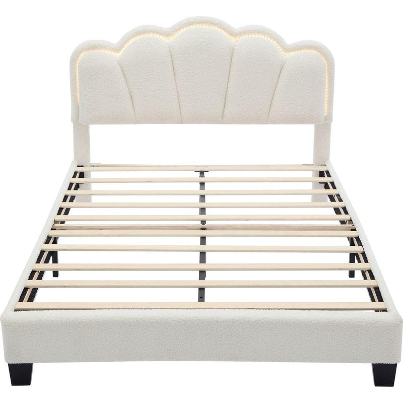 2-Pieces Bedroom Sets Full Size Flower-Shaped Upholstered LED Platform Bed with Storage Ottoman-Sherpa Fabric, White