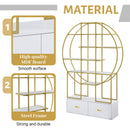 70.8 Inch Round Office Bookcase Bookshelf, Display Shelf, Two Drawers, Gold Frame