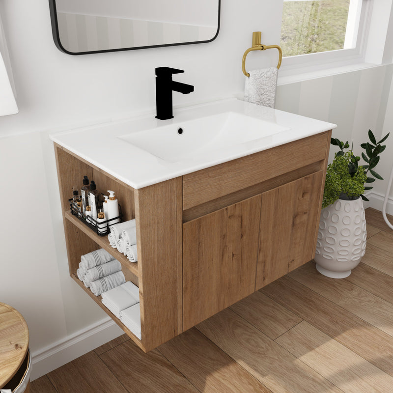 30 Inch Bathroom Vanity With White Ceramic Basin and Adjust Open Shelf (KD-PACKING)