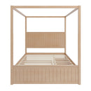 Queen Size Canopy Platform Bed With Trundle And 3 Storage Drawers, 4 Post, No Box Spring Needed - Natural by HouseOfZazla