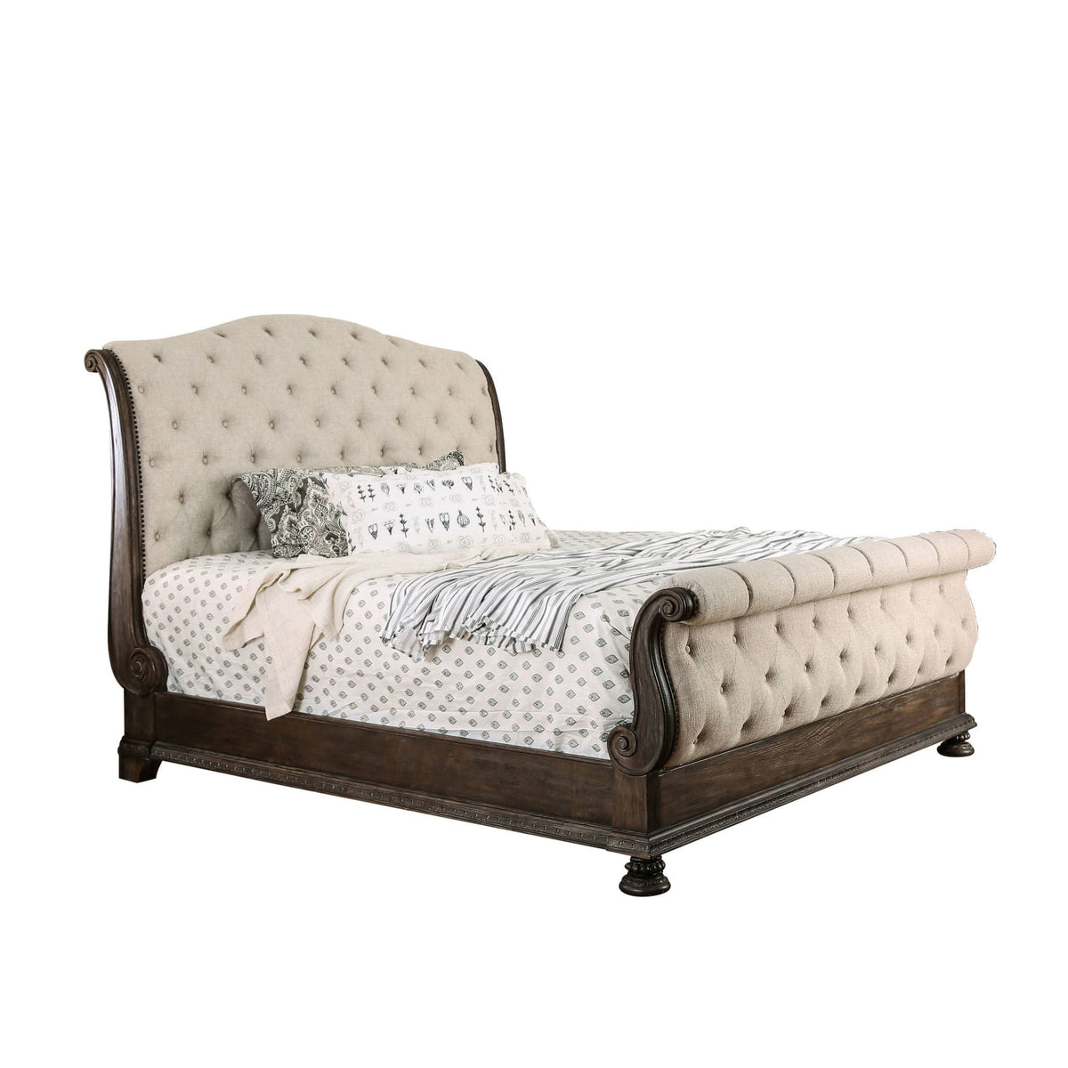 Sleigh Bed With Button Tufted Fabric Headboard And Footboard, photo 4 of 11