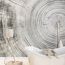 Tree Rings Wallpaper Mural. Black and White  Modern Wood Grain Circle Pattern.