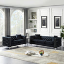 2 Piece Modern Velvet Living Room Set with Sofa and Loveseat, Jeweled Button Tufted Copper Nails Square Arms Black, 4 Pillows Included