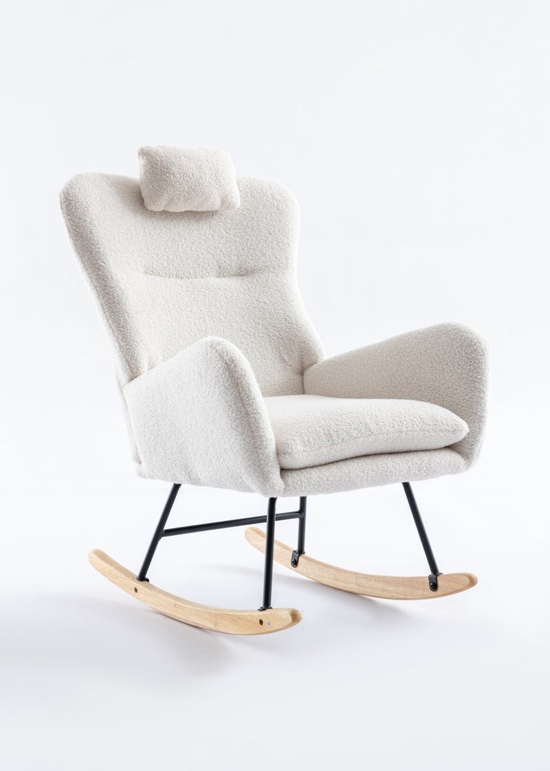 35.5 inch Rocking Chair with Pocket, Soft Teddy Fabric Rocking Chair for Nursery, Comfy Wingback Glider Rocker with Safe Solid Wood Base for Living Room Bedroom Balcony (white)