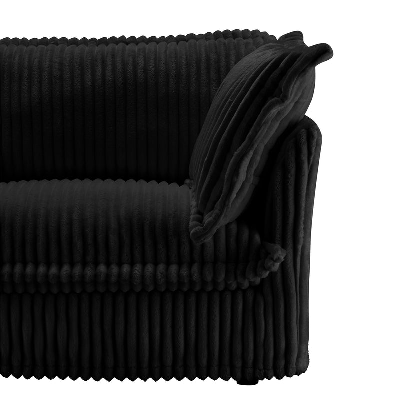L-Shaped Slipcovered Sectional Sofa Couch, Comfy Deep Seat Cloud Couch with Convertible Ottoman & 2 Big Pillows, Modern Oversized 3 Seater Slipcovered Sofa Set for Living Room Office, Black Corduroy