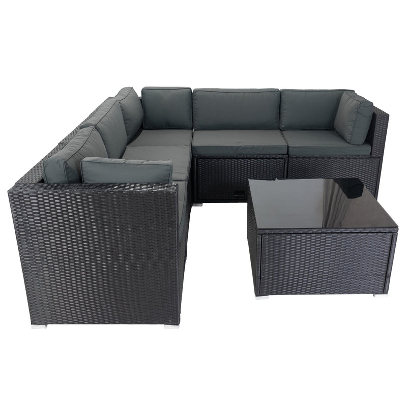 6 Pieces PE Rattan sectional Outdoor Furniture Cushioned Sofa Set with 3 Storage Under Seat Black Wicker + Dark Grey Cushion