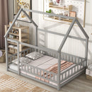 Floor Wooden Bed With House Roof Frame, Fence Guardrails by HouseOfZazla