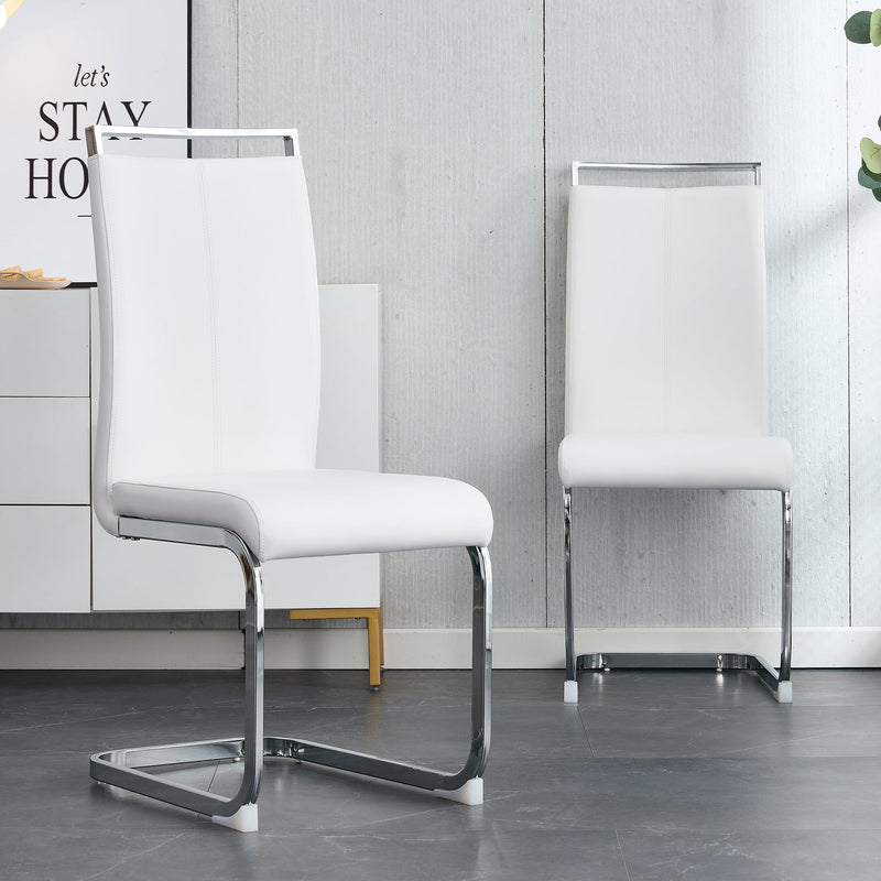 A simple dining table. A dining table with a white marble pattern. 4 PU synthetic leather high backrest cushioned side chairs with C-shaped silver metal legs. DT-SQ-16090-wh