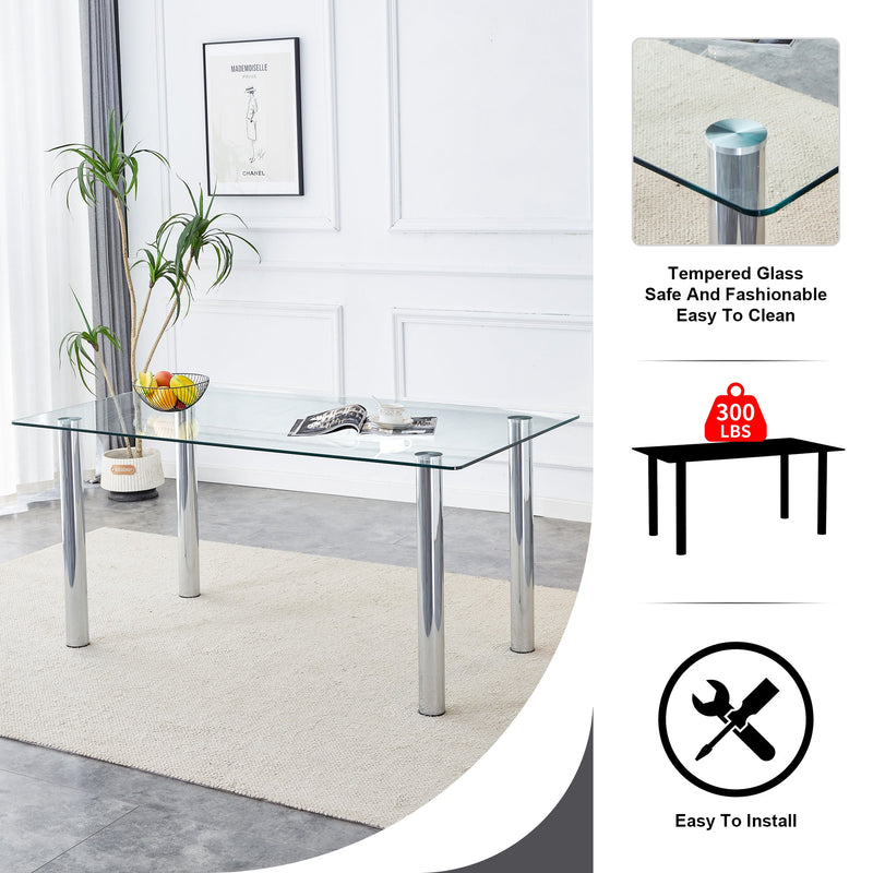 A modern minimalist style glass dining table. Transparent tempered glass tabletop with a thickness of 0.3 feet and silver metal legs. Suitable for restaurants and living rooms. 63 "x 35.4" x 30"
