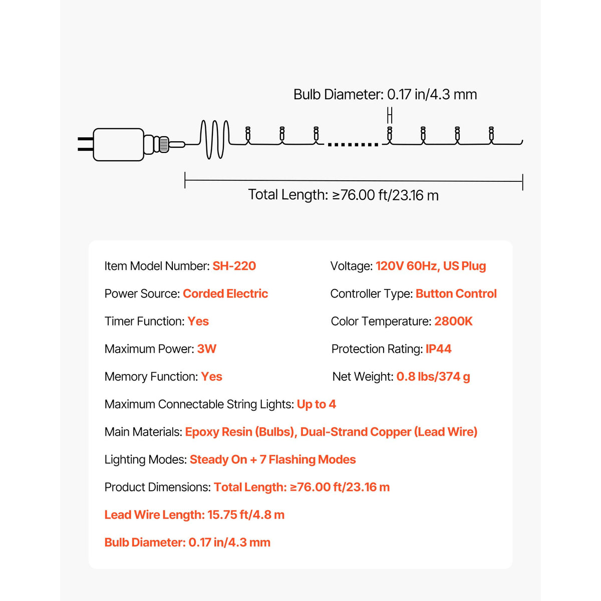 LED Christmas String Lights, 200 LED, 76 Ft Connectable Warm, photo 10 of 10
