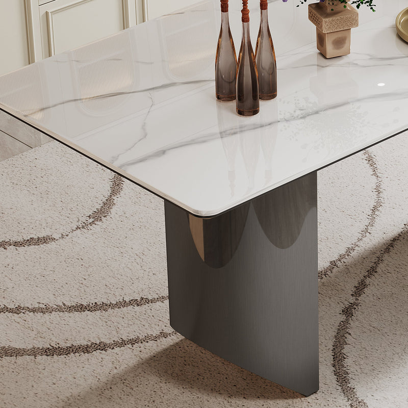 0.47" Thick Sintered Stone Composite Tempered Glass Top Dining Table with Stainless Steel Base