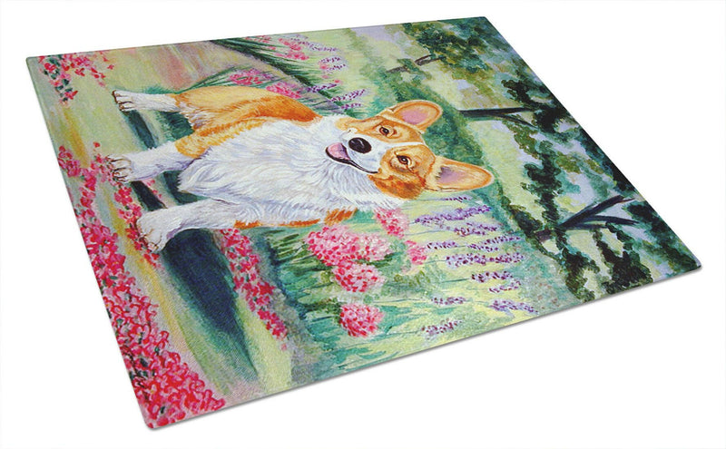 Corgi Springtime in the Garden Glass Cutting Board Large